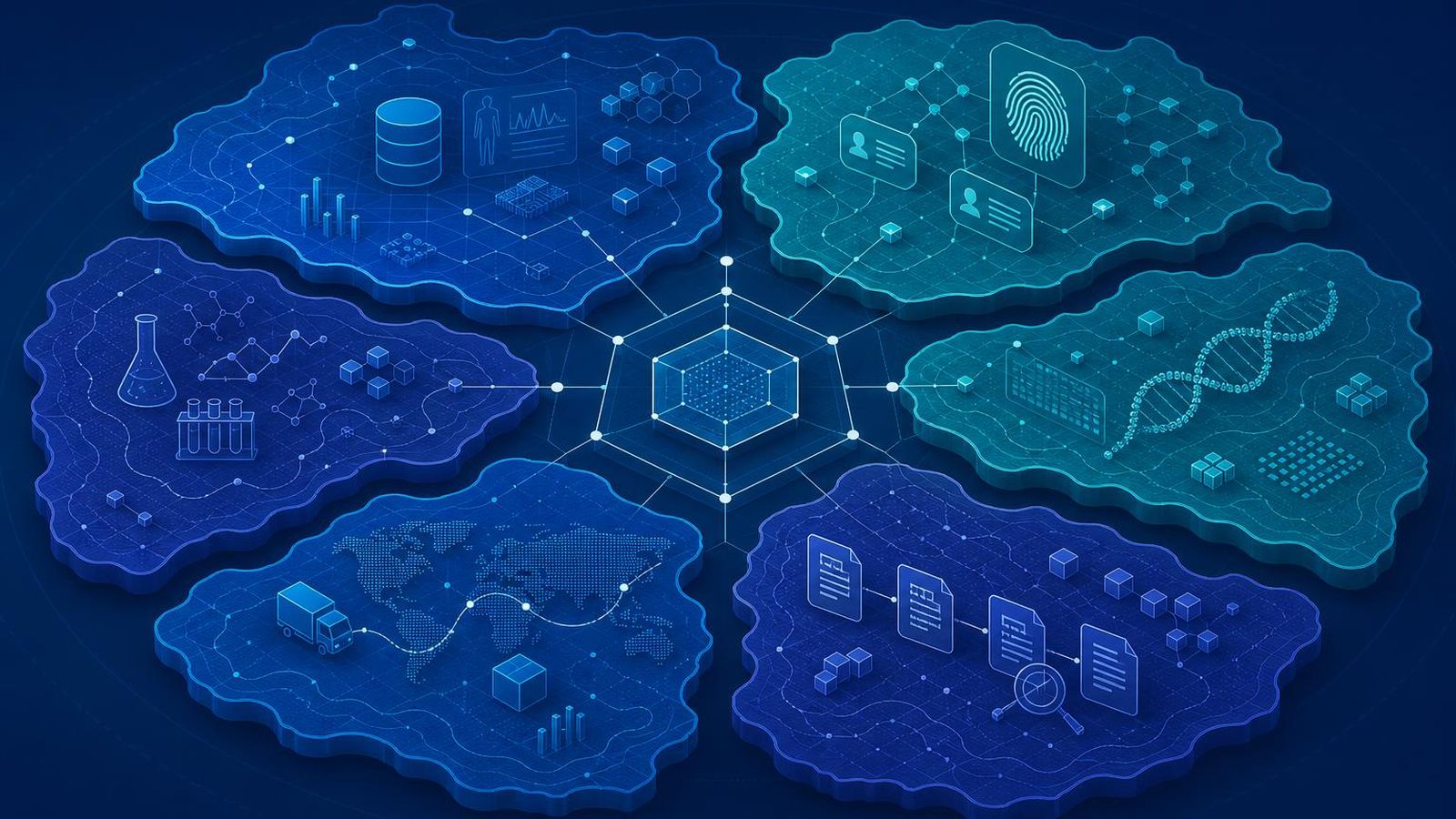Conceptual map of healthcare data domains intersecting with verifiable data structures