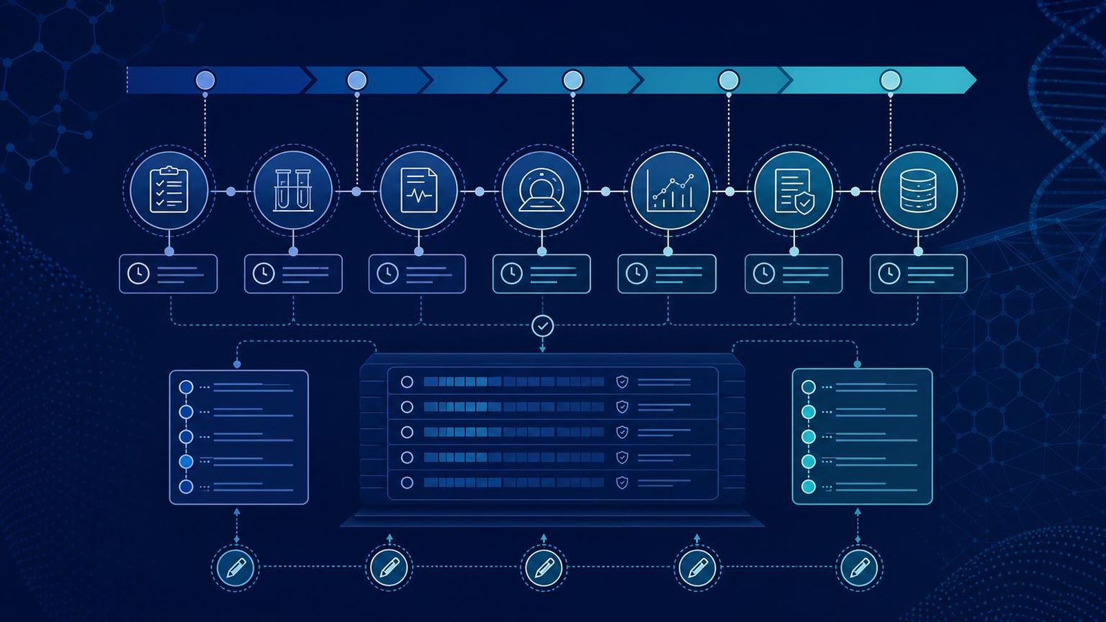 Clinical trial workflow with protocol version log, timestamped data capture, and audit ledger