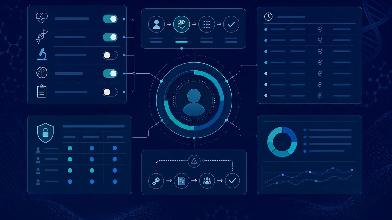 Patient access dashboard with consent toggles, audit log, and recovery options
